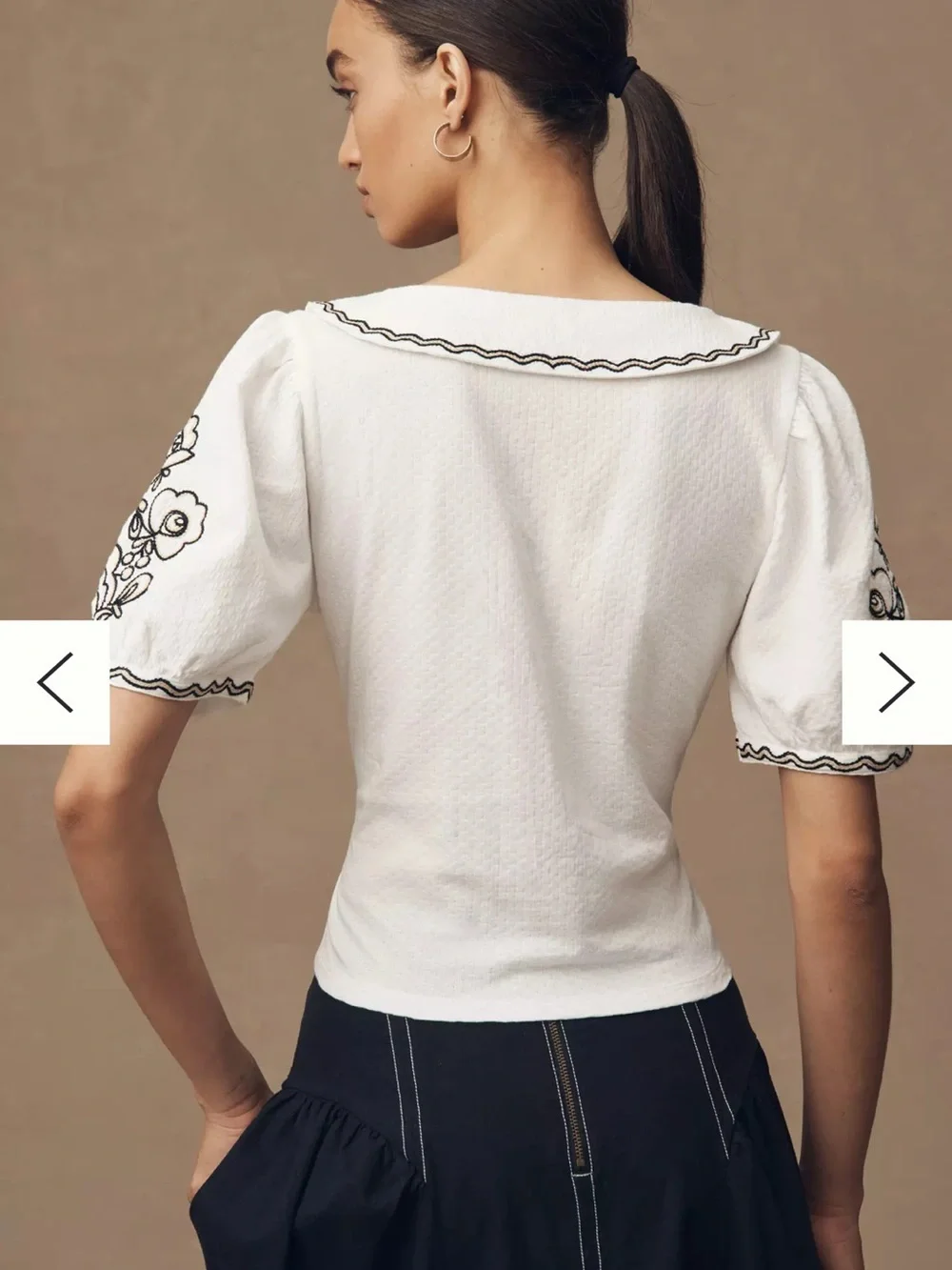 Anthropologie White Blouse with Black Embroidery